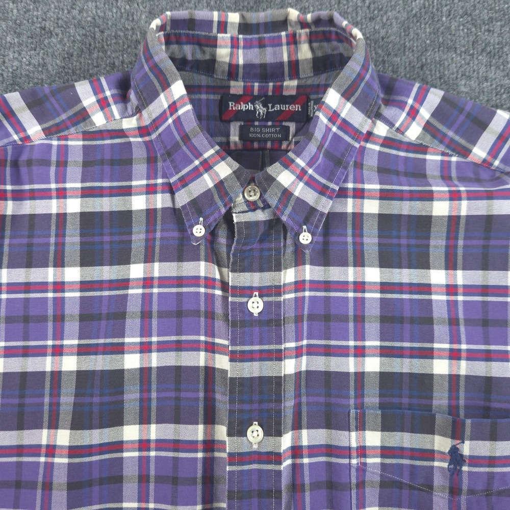 Ralph Lauren Mens Big Shirt XL Purple Blue Plaid Pocket Button Down Short Sleeve